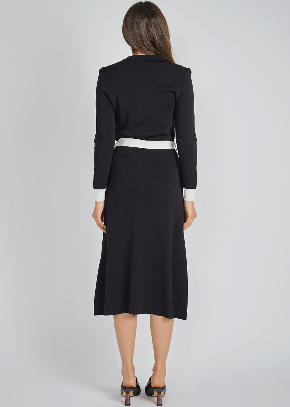 Elegant Black Knit Dress with White Accents Modest Women Clothing